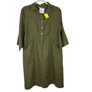 NWT Elena Baldi dress midi linen pockets roll tab sleeves Army Green Sz L